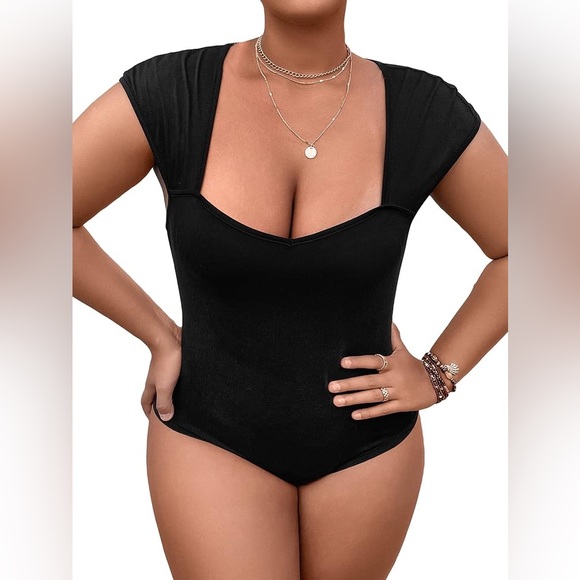 Floerns Tops - Floerns Plus Size Sweetheart Neck Cap Sleeve Ribbed Knit Bodysuit- black - 3XL